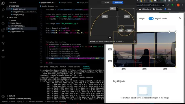 VS Code editor showing Python juggling detection code alongside a Custom Vision prediction result with bounding boxes