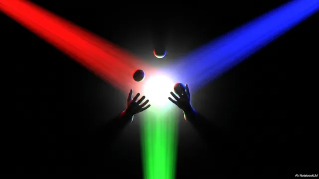 Silhouette of hands juggling against a dramatic RGB spotlight background