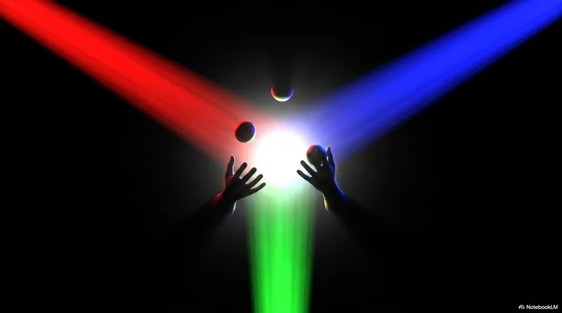 Silhouette of hands juggling against a dramatic RGB spotlight background