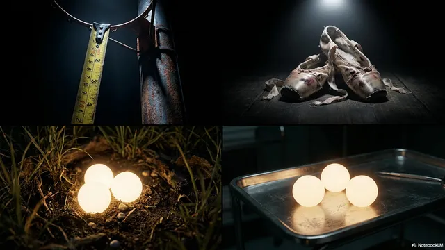 Four-panel collage: a measuring tape, ballet shoes, juggling balls in soil, and juggling balls on a serving tray