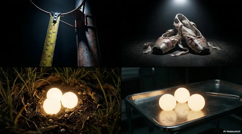 Four-panel collage: a measuring tape, ballet shoes, juggling balls in soil, and juggling balls on a serving tray