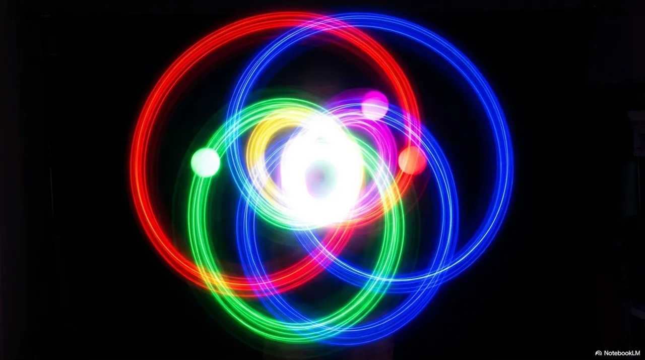 Four glowing juggling balls in red, green, blue, and yellow orbiting in a complex pattern