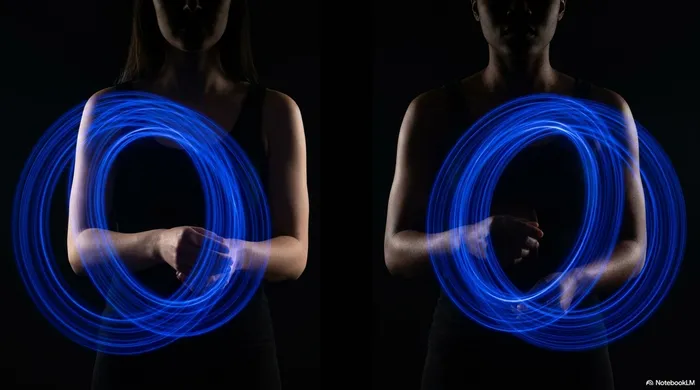 Person with a glowing ring in continuous orbit, light trail showing unbroken circular motion