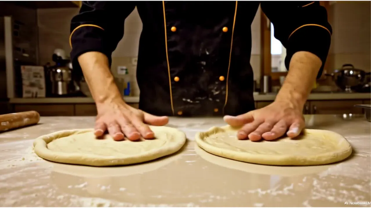 Two rounds of pizza dough resting side by side on a floured surface
