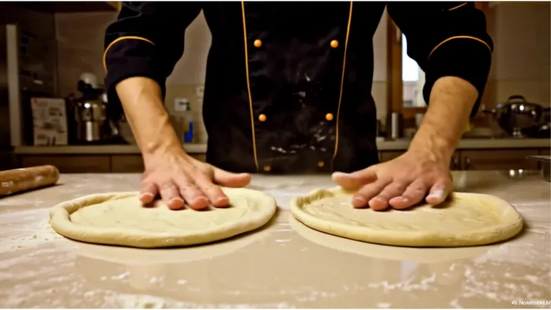 Two rounds of pizza dough resting side by side on a floured surface