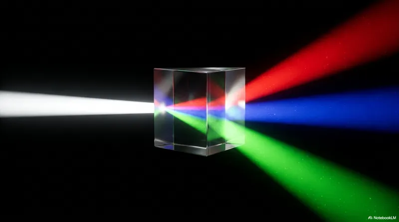 A triangular prism splitting white light into a red, green, and blue spectrum
