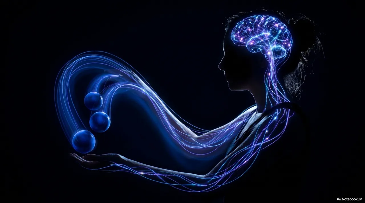 A human side-profile silhouette with a brightly lit, glowing brain visible inside the skull, and three blue luminous balls flowing outward in a smooth arc from in front of the figure - the neural cascade made visible