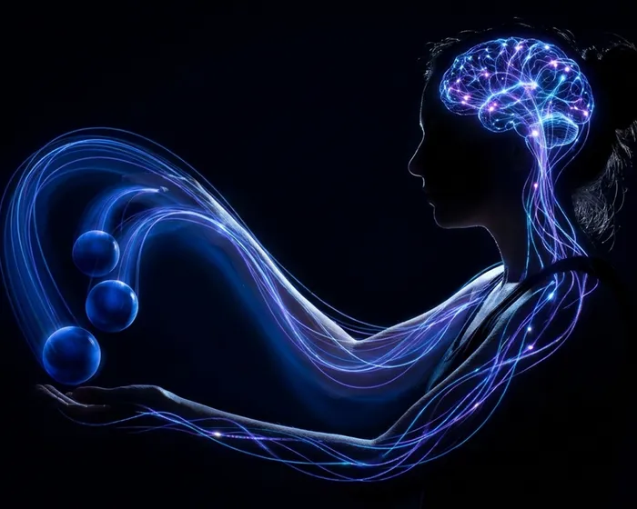 Side profile with glowing brain and blue balls arcing outward