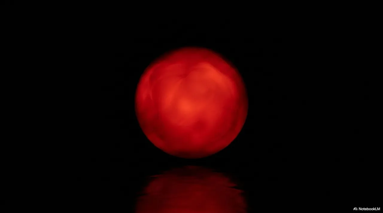 Single glowing red ball with reflection on a dark surface