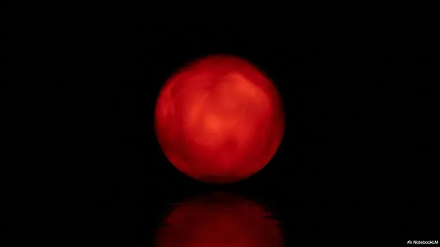 Single glowing red ball with reflection on a dark surface
