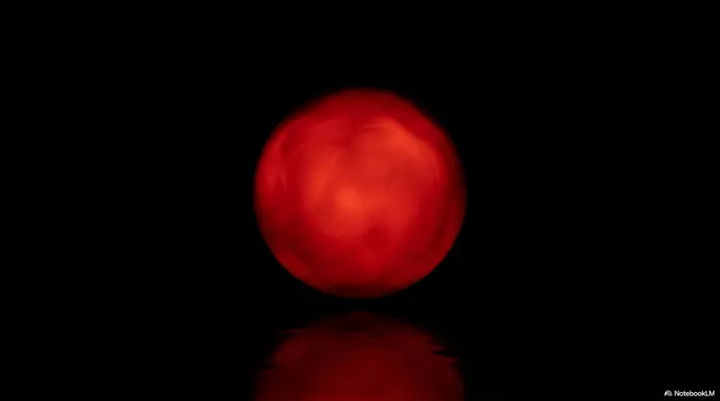 Single glowing red ball with reflection on a dark surface