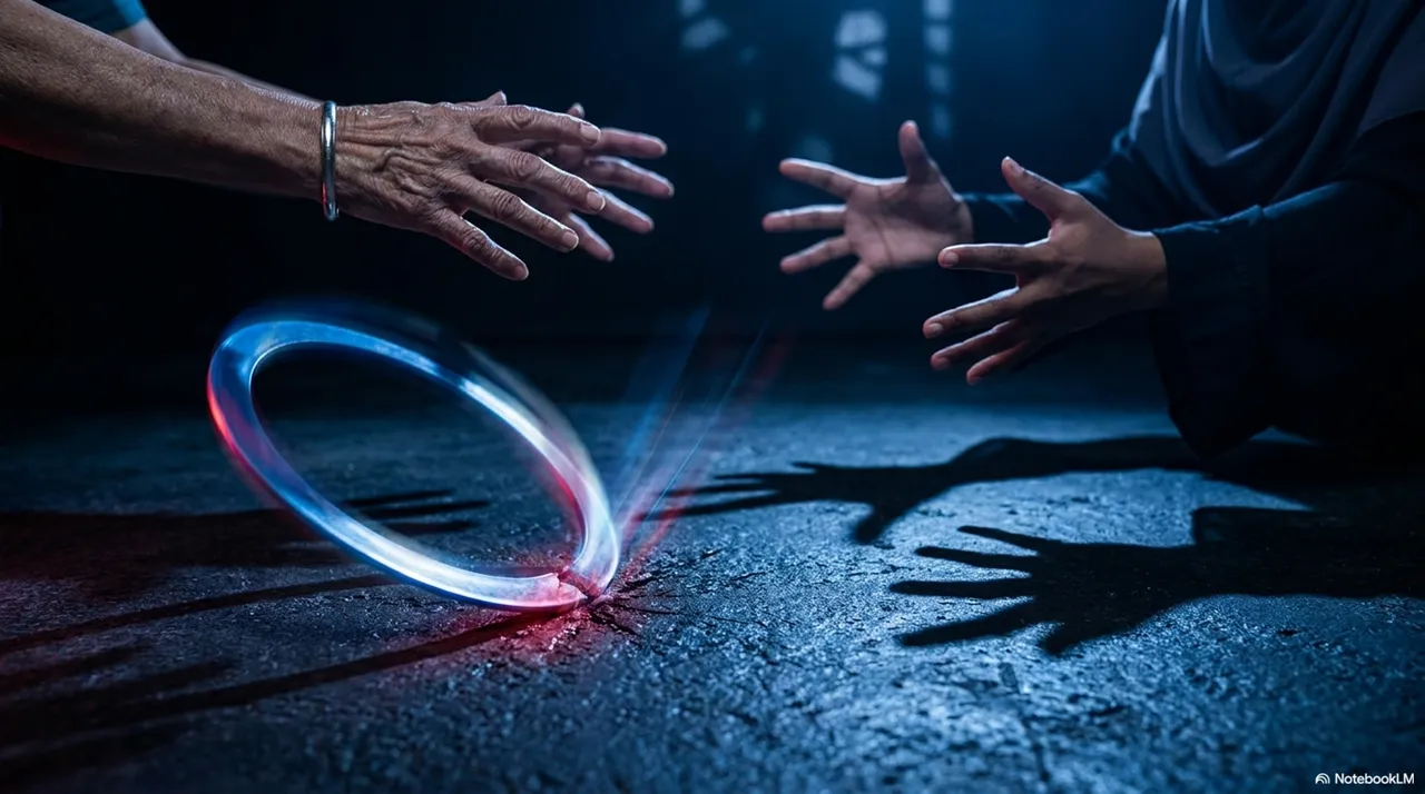 A glowing red-blue ring lying on a dark wet surface, with two pairs of hands reaching toward it from opposite sides - one adult hand with a bracelet from the upper left, one younger hand from the right - and their shadow hands reflected below