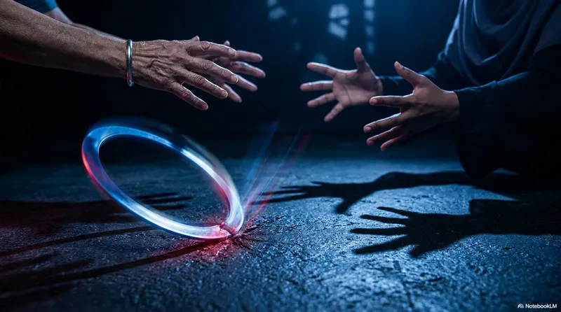 A glowing red-blue ring lying on a dark wet surface, with two pairs of hands reaching toward it from opposite sides - one adult hand with a bracelet from the upper left, one younger hand from the right - and their shadow hands reflected below