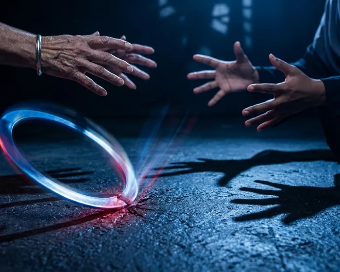 A ring on the ground with two hands reaching toward it from different directions