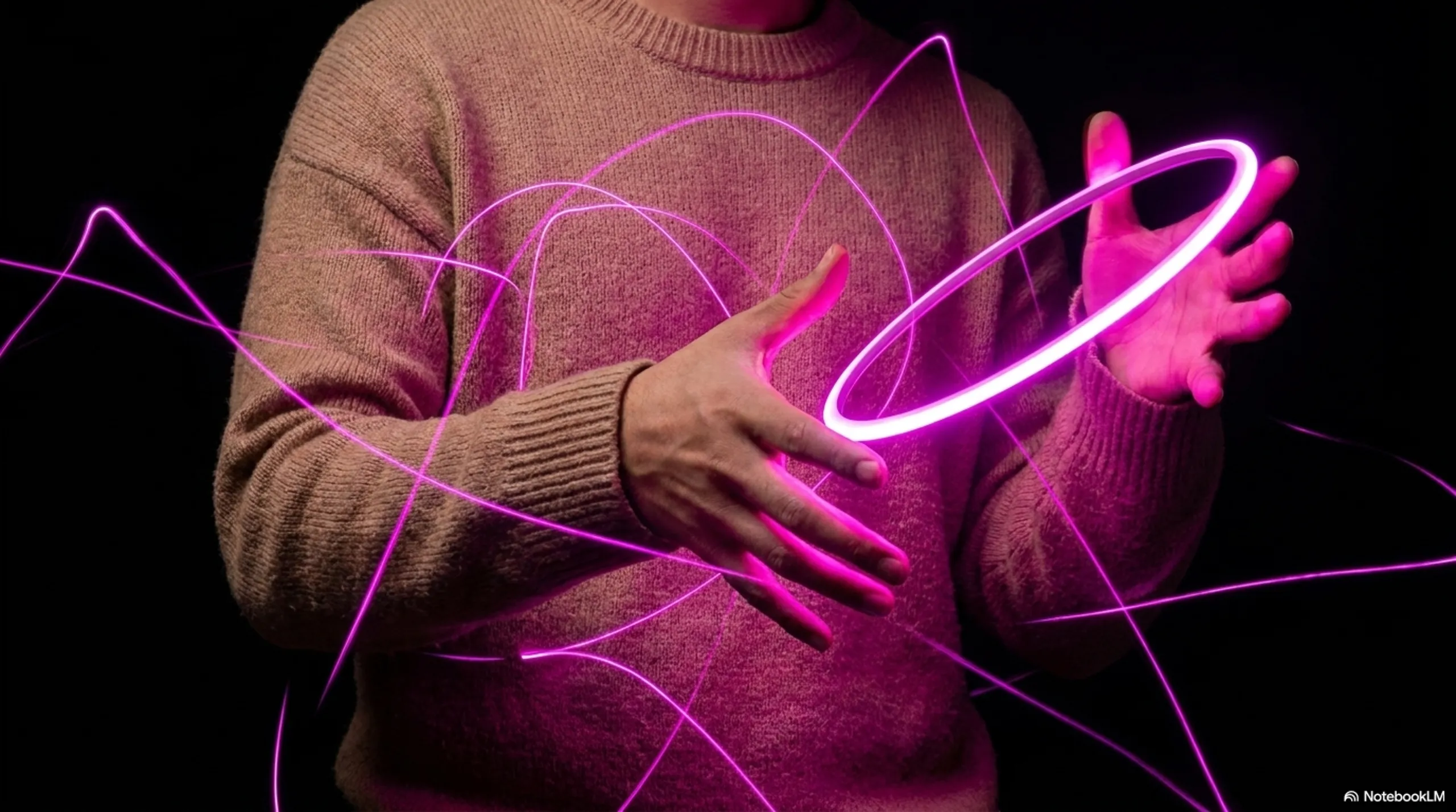 A person in a pink sweater with a glowing pink ring orbiting around their hands, pink light scattering outward