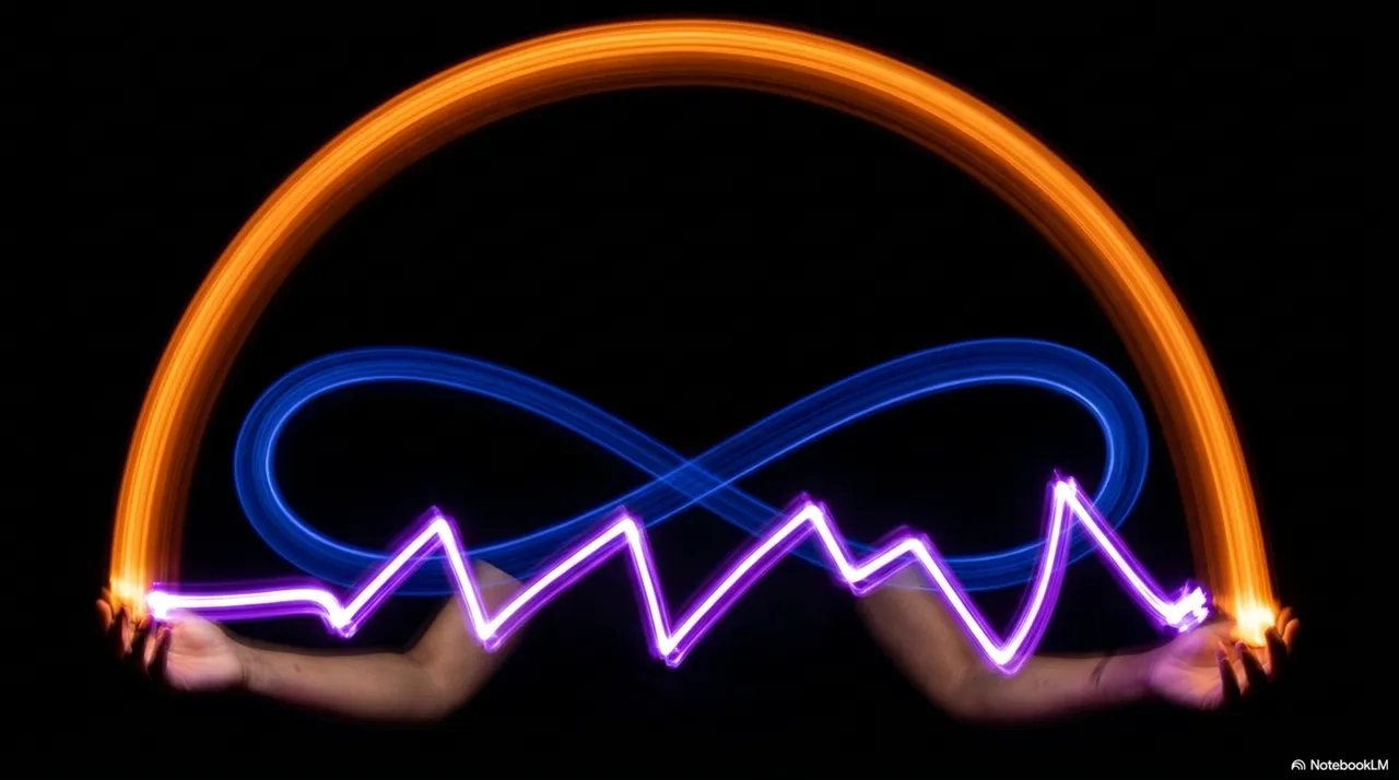 A single pair of hands holding props that trace three distinct neon light trails against a black background: a large orange semicircular arc overhead, a blue figure-eight infinity loop in the middle, and a jagged white-purple zigzag at the bottom