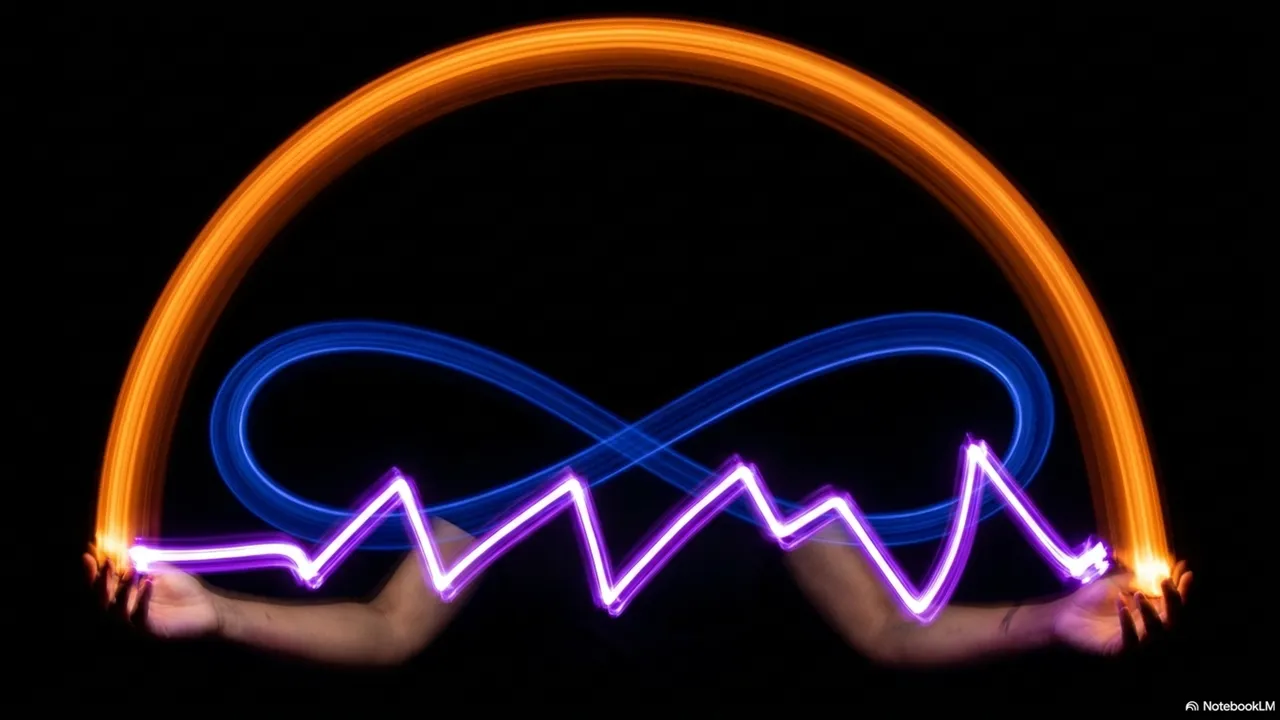 A single pair of hands holding props that trace three distinct neon light trails against a black background: a large orange semicircular arc overhead, a blue figure-eight infinity loop in the middle, and a jagged white-purple zigzag at the bottom
