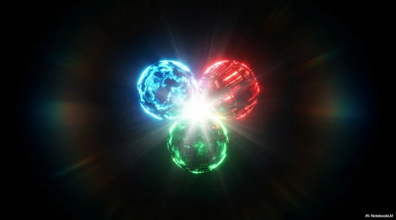Three luminous balls in red, green, and blue converging toward a single central point