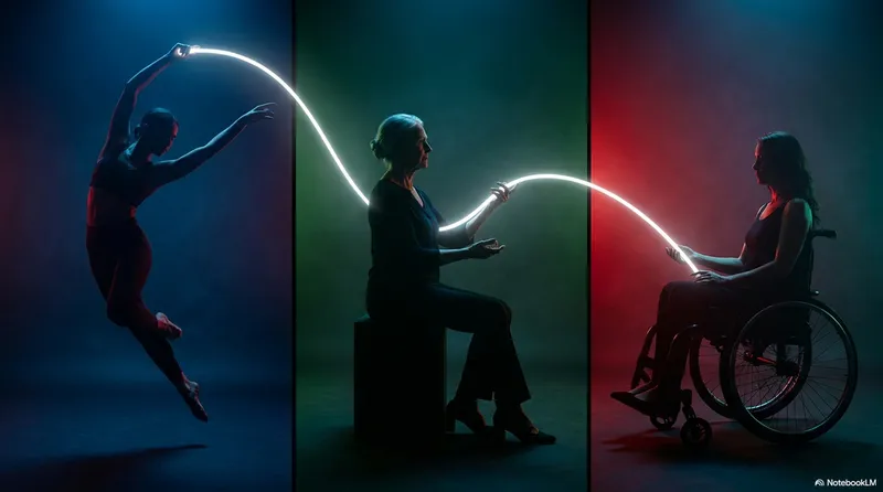 Three performers in separate panels connected by a single white light arc: a dancer leaping in red light, a seated person in green light, and a person in a wheelchair in red light