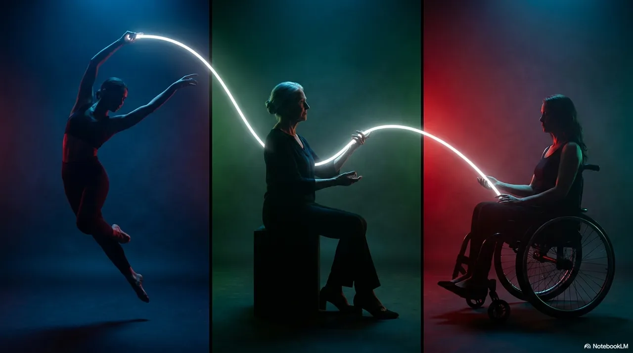 Three performers in separate panels connected by a single white light arc: a dancer leaping in red light, a seated person in green light, and a person in a wheelchair in red light