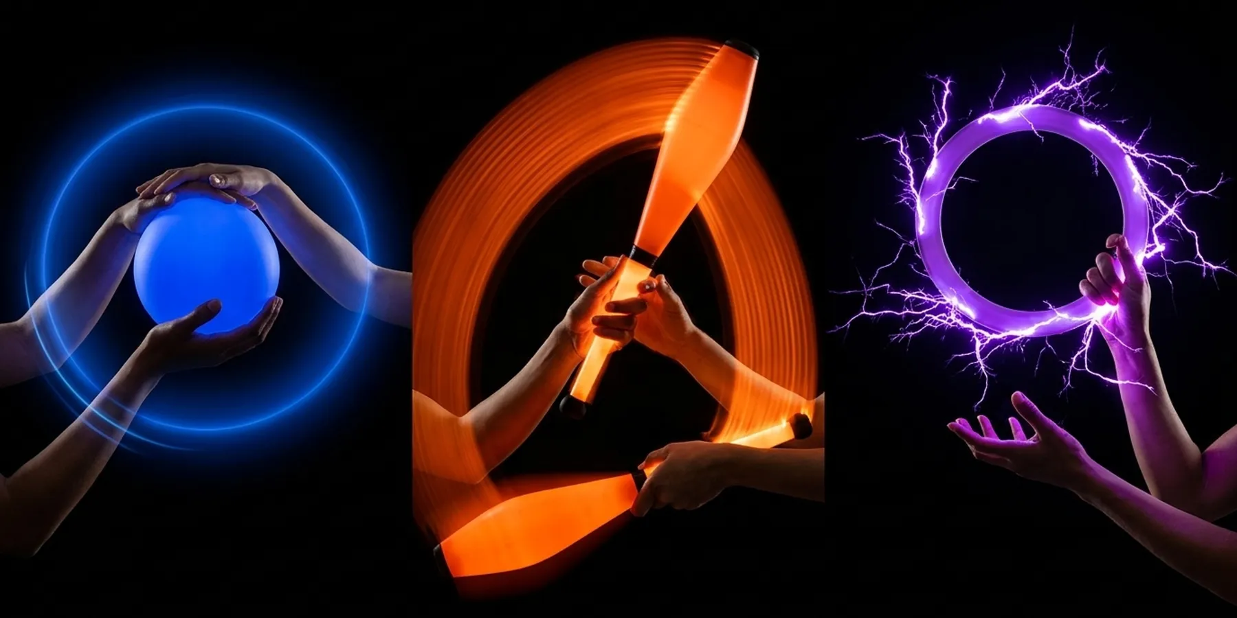 Three juggling props - ball, club, ring - each with its own energy signature
