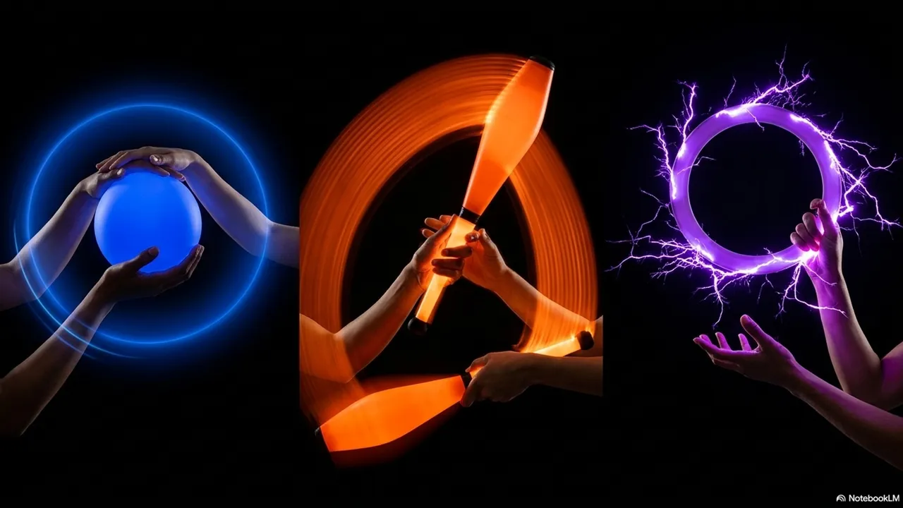A triptych of three panels: left shows cupped hands holding a glowing blue ball with electric corona aura; center shows hands gripping a spinning orange club with a circular orbit trail; right shows hands holding a purple ring with plasma lightning arcing from it