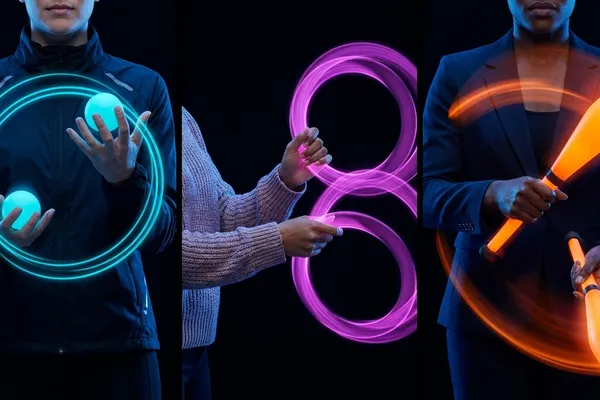Three juggling props with neon light effects