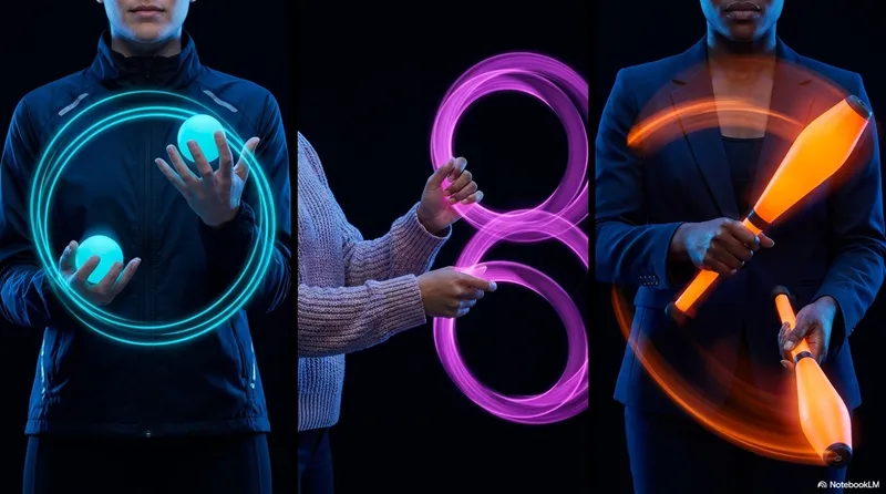 A triptych: left panel shows two glowing cyan balls orbiting in a figure-eight, center shows a glowing pink ring making a figure-8 loop, right shows orange glowing clubs with spiral trails