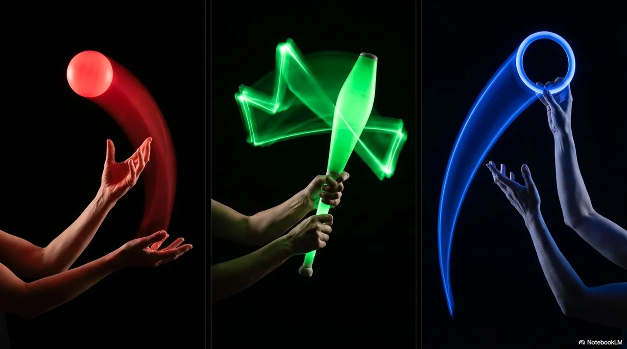 Three side-by-side panels: left shows a red ball in motion above an open hand, center shows a green club with neon trails held high, right shows a blue ring arcing above a reaching hand