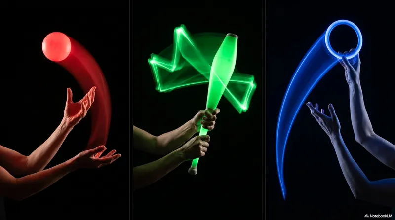 Three side-by-side panels: a red glowing ball arcing above an open hand, a green club with neon rotation trails held aloft, a blue ring curving above a reaching hand - three props, three experiences