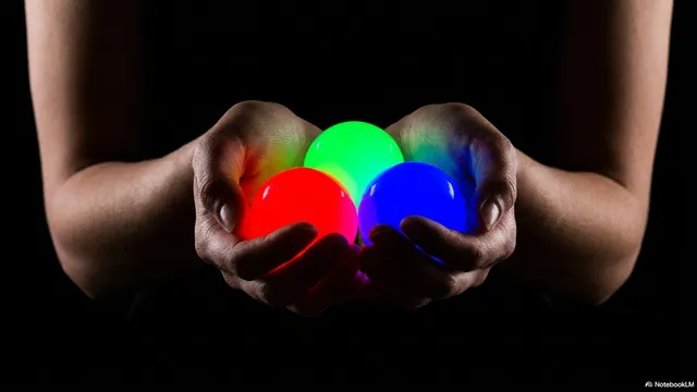 Two cupped hands cradling three glowing RGB balls - one red, one green, one blue - against a dark background