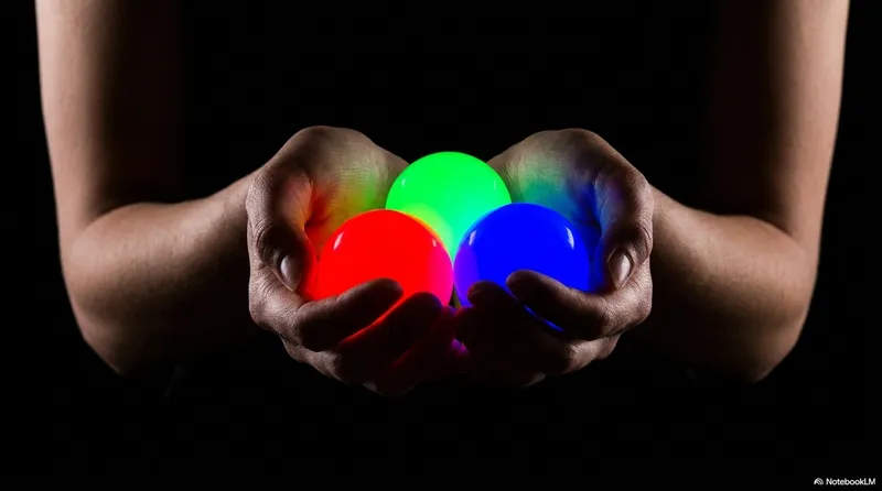 Two cupped hands cradling three glowing RGB balls - one red, one green, one blue - against a dark background