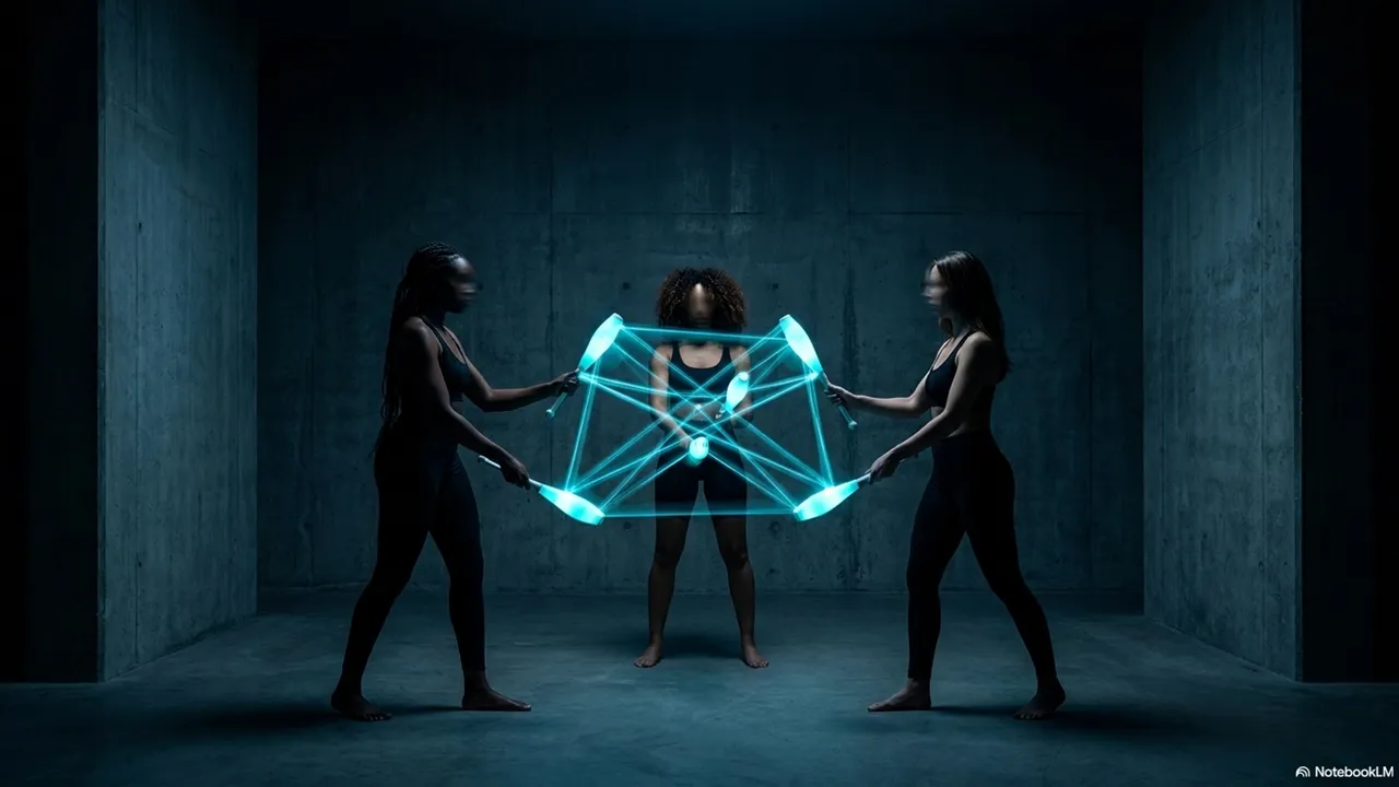Three women in a dark concrete room, two flanking one in the center, connected by a glowing cyan geometric web structure stretched between them