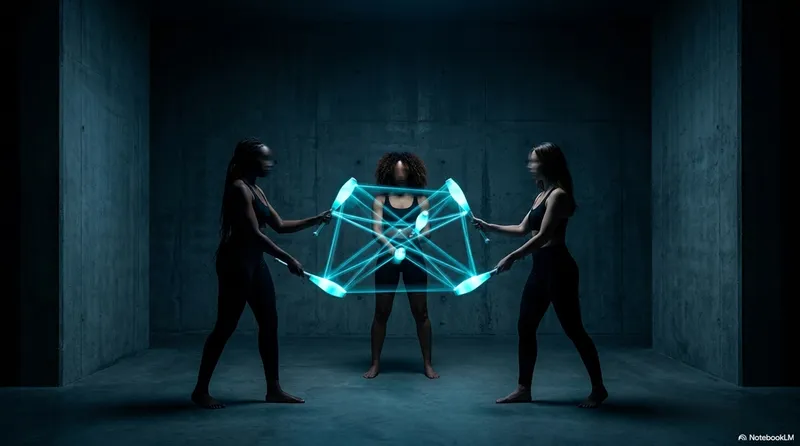 Three women in a dark concrete room, two flanking one in the center, connected by a glowing cyan geometric web structure stretched between them
