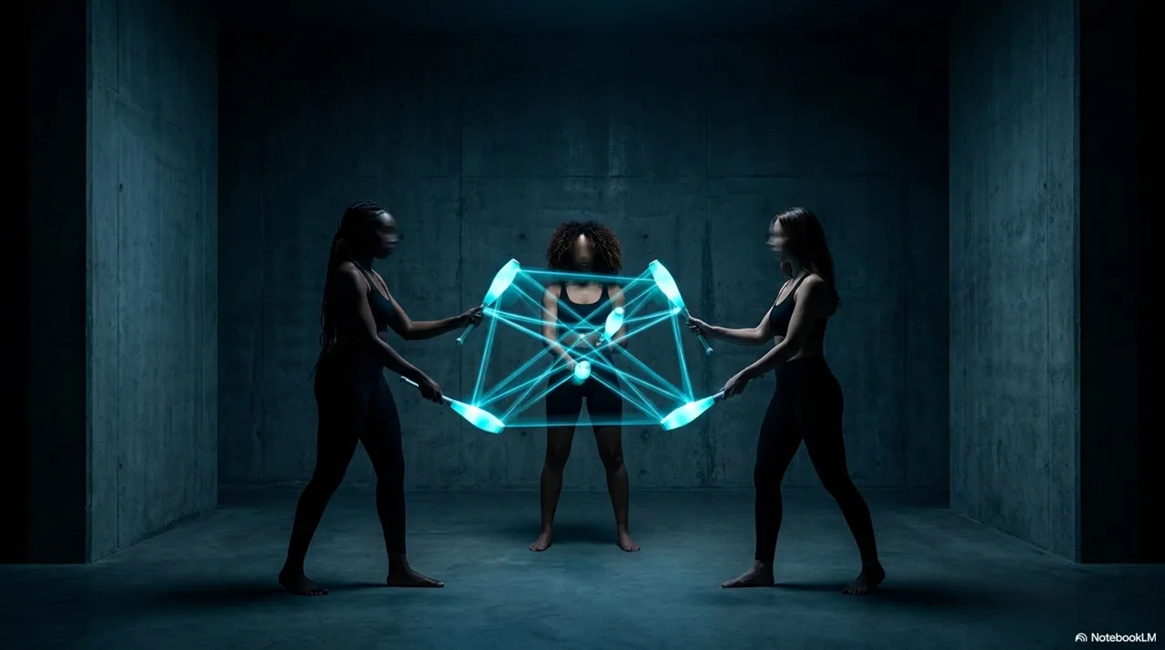 Three women in a dark concrete room, two flanking one in the center, connected by a glowing cyan geometric web structure stretched between them