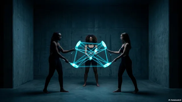 Three women in a dark concrete room, two flanking one in the center, connected by a glowing cyan geometric web structure stretched between them