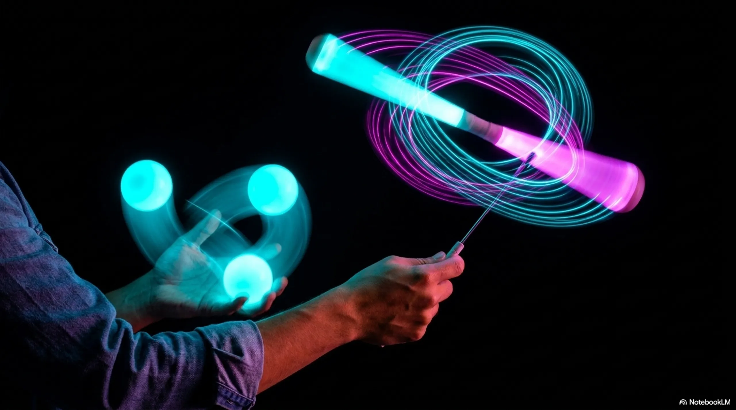 Two hands: the left holds two glowing cyan juggling balls, the right holds a glowing devil stick being balanced and spun
