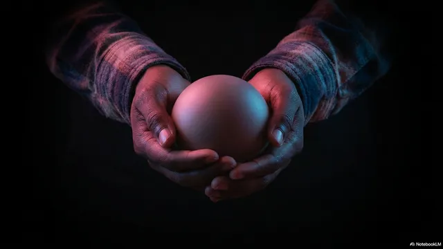 Two hands cupping a large matte pink-terracotta ball in a protective hold, the ball resting in the bowl formed by both palms together, lit with warm red and blue tones