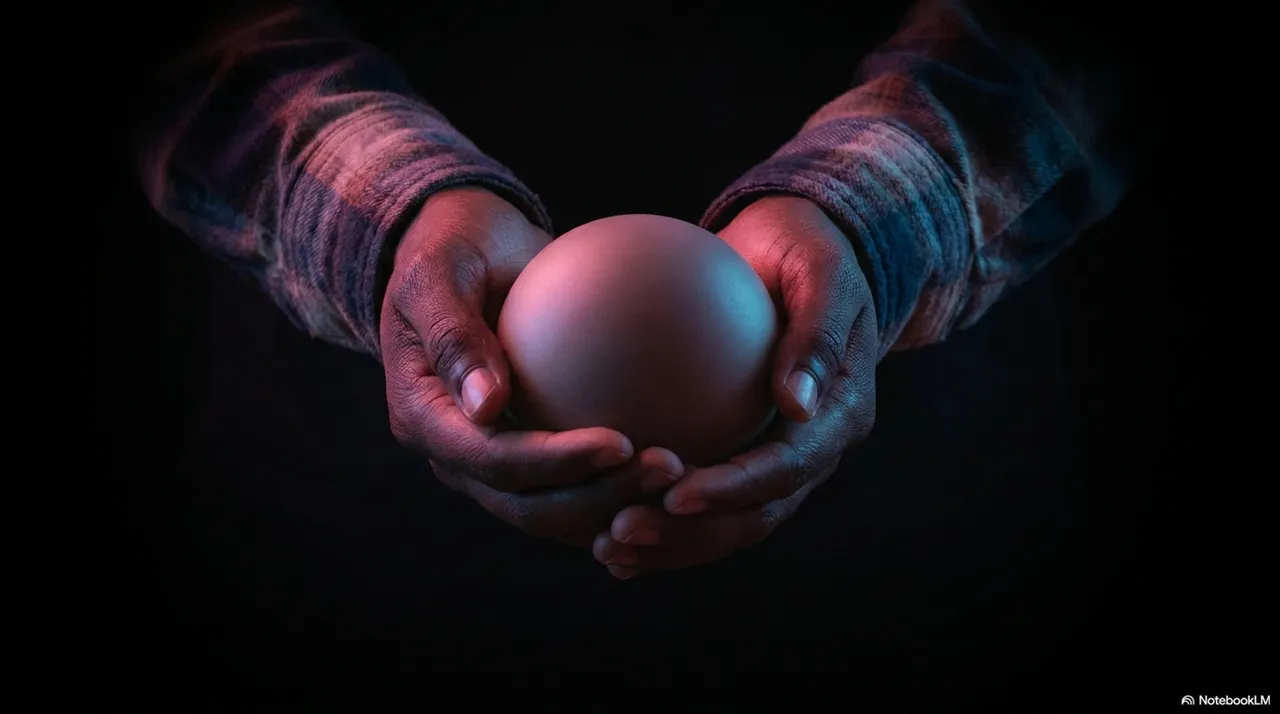 Two hands cupping a large matte pink-terracotta ball in a protective hold, the ball resting in the bowl formed by both palms together, lit with warm red and blue tones