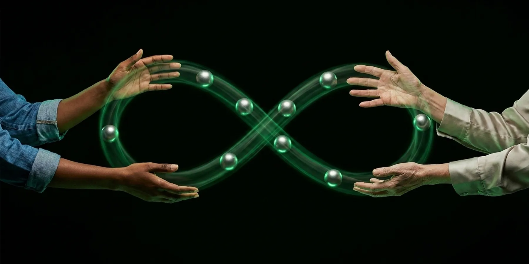 Two hands with a glowing green infinity loop, representing the six entry points into juggling as a framework