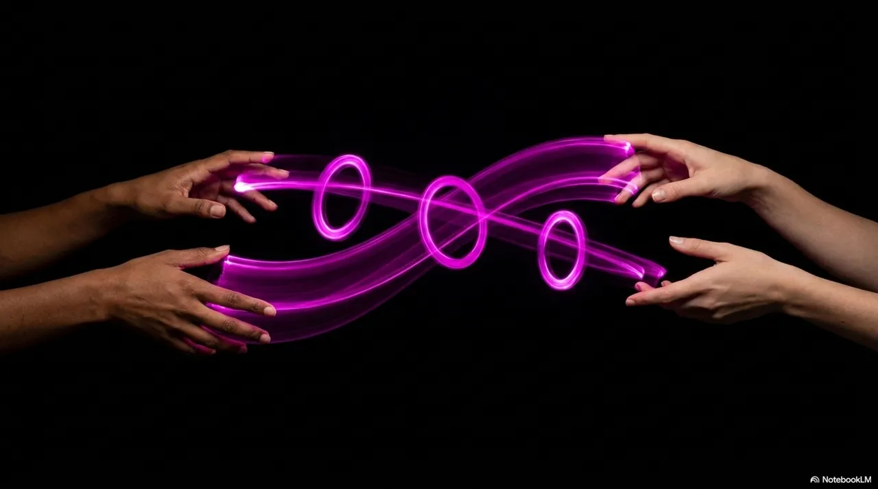Two pairs of hands facing each other from opposite sides of the frame with a flowing magenta/pink infinity loop of light crossing between them - three overlapping rings of light in the space between the hands against a black background