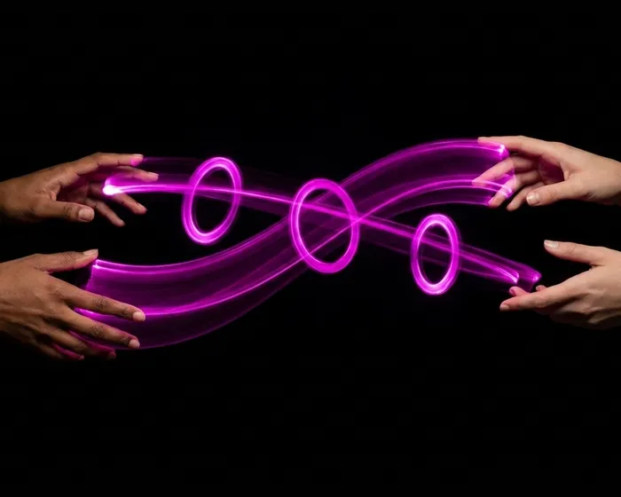 Two hands with a magenta infinity pass between them, tracing the handoff arc