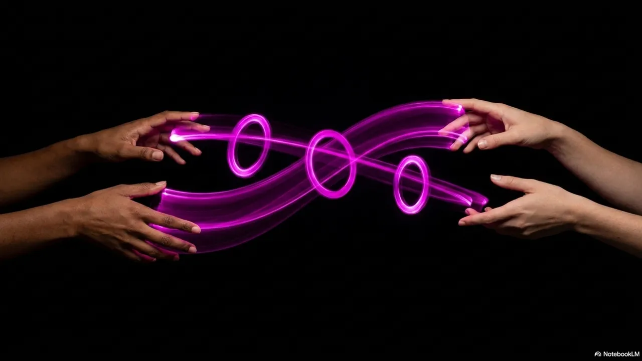Two pairs of hands facing each other from opposite sides of the frame with a flowing magenta/pink infinity loop of light crossing between them - three overlapping rings of light in the space between the hands against a black background