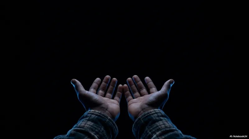 Two open hands raised upward against a black background, fingertips lit with faint blue light, ready to receive