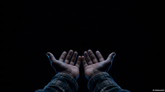 Two open hands raised upward against a black background, fingertips lit with faint blue light, ready to receive