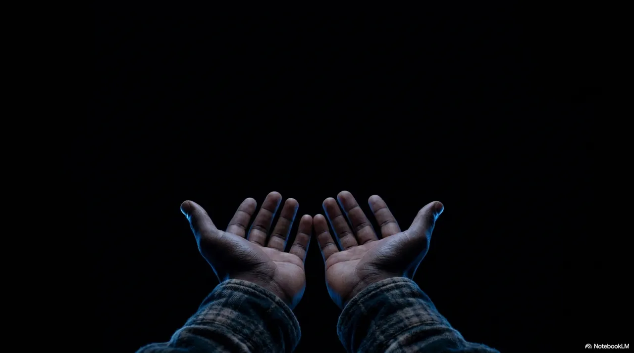 Two open hands raised upward against a black background, fingertips lit with faint blue light, ready to receive