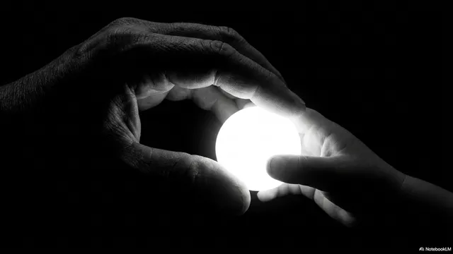 Two hands - one large, one small - touching a glowing ball between them