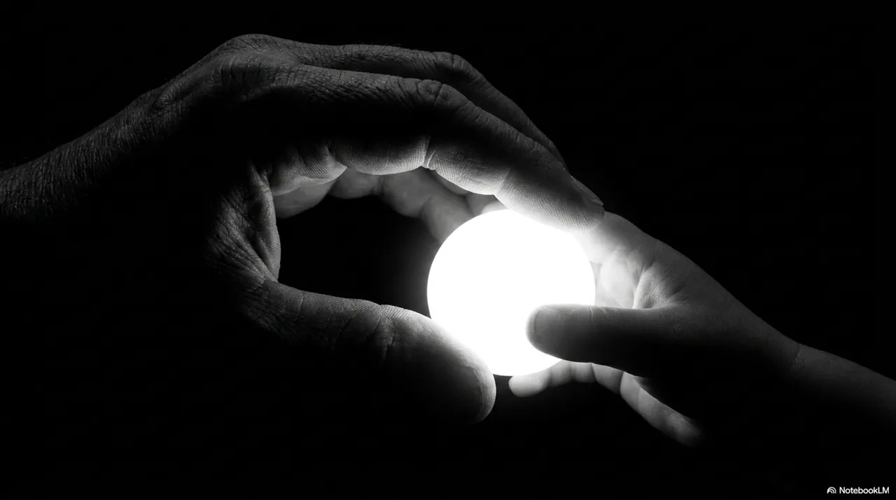 Two hands - one large, one small - touching a glowing ball between them