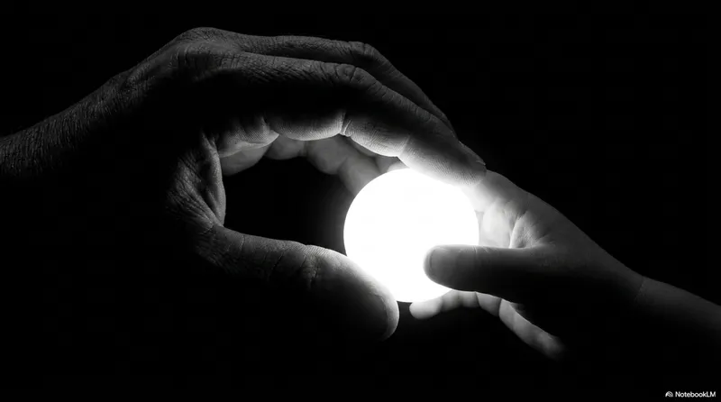 Two hands - one large, one small - touching a glowing ball between them