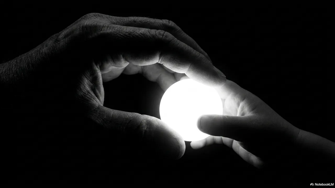 Two hands - one large, one small - touching a glowing ball between them